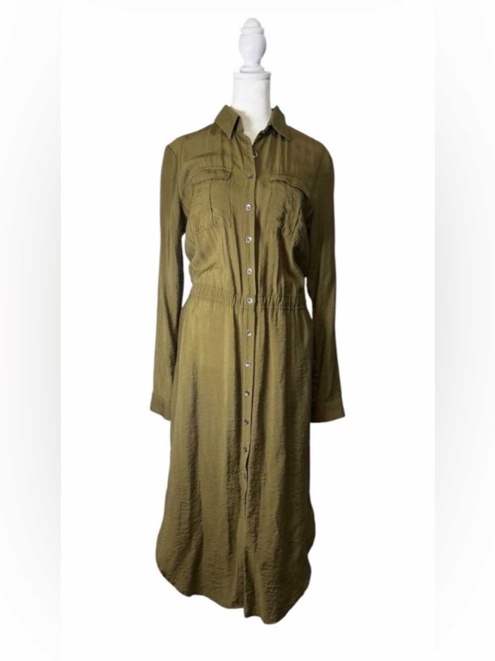 Anthropologie Maeve Olive Long-Sleeve Button-Front Shirt Dress. Size Medium.